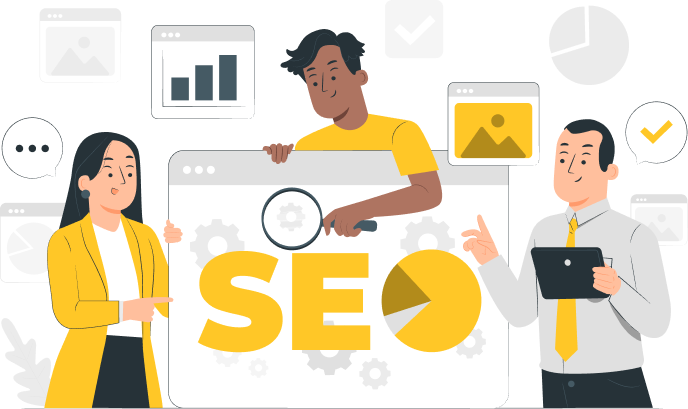 Ilustración de 3 personas trabajando en el SEO de una página web.