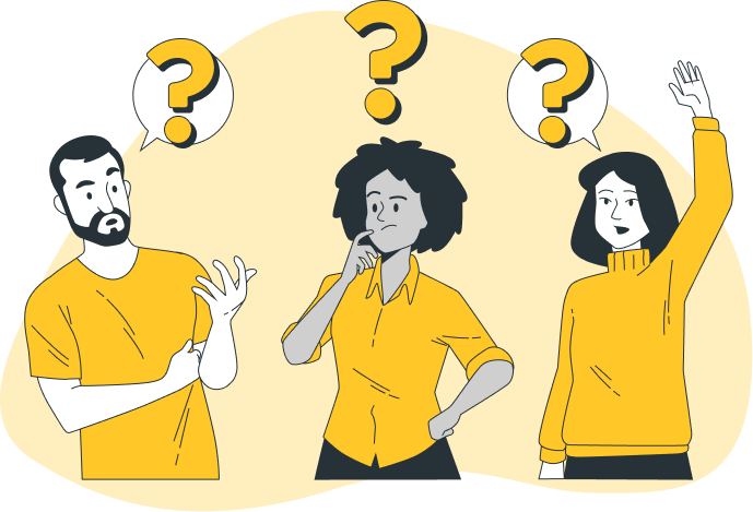 Ilustración de tres personas preguntando algo, aparecen sobre ellas signos de interrogación