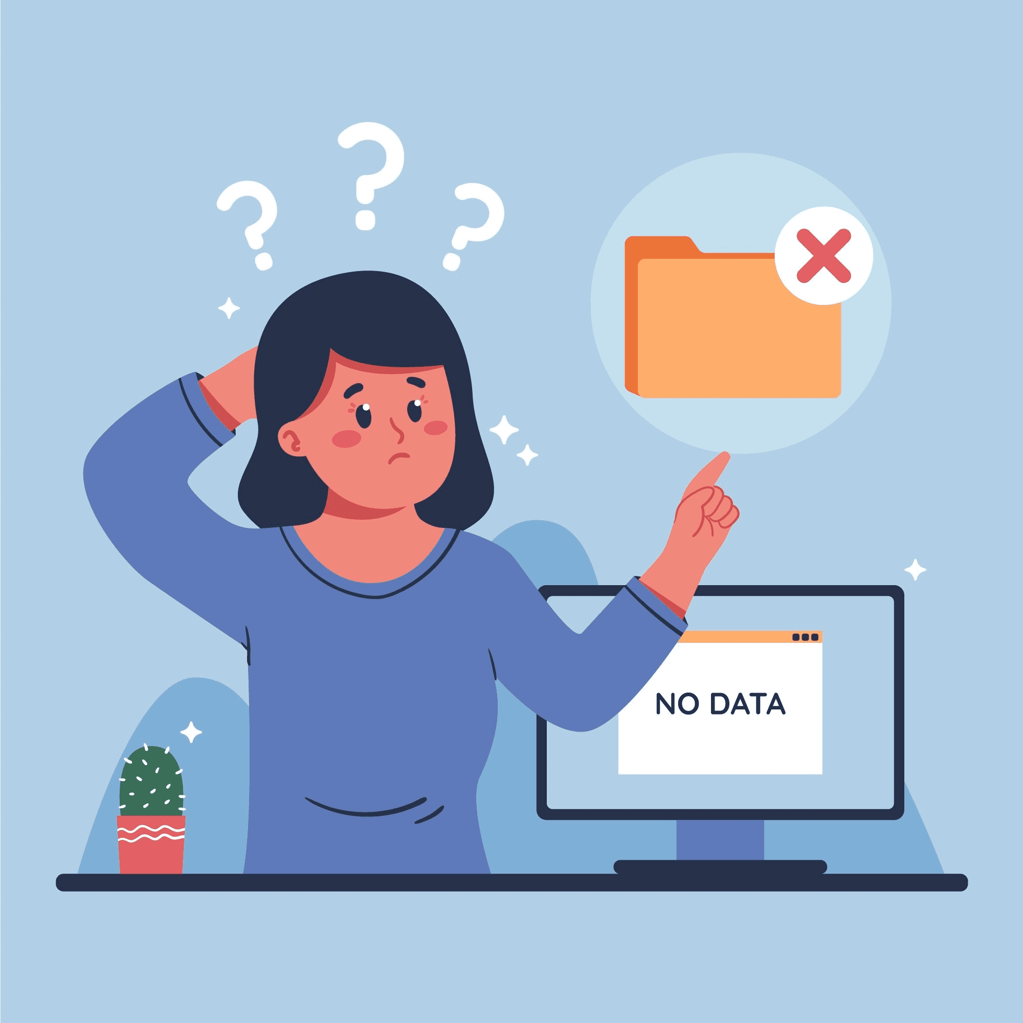 dibujo de una mujer buscando sus datos, que ha perdido por una mala copia de seguridad